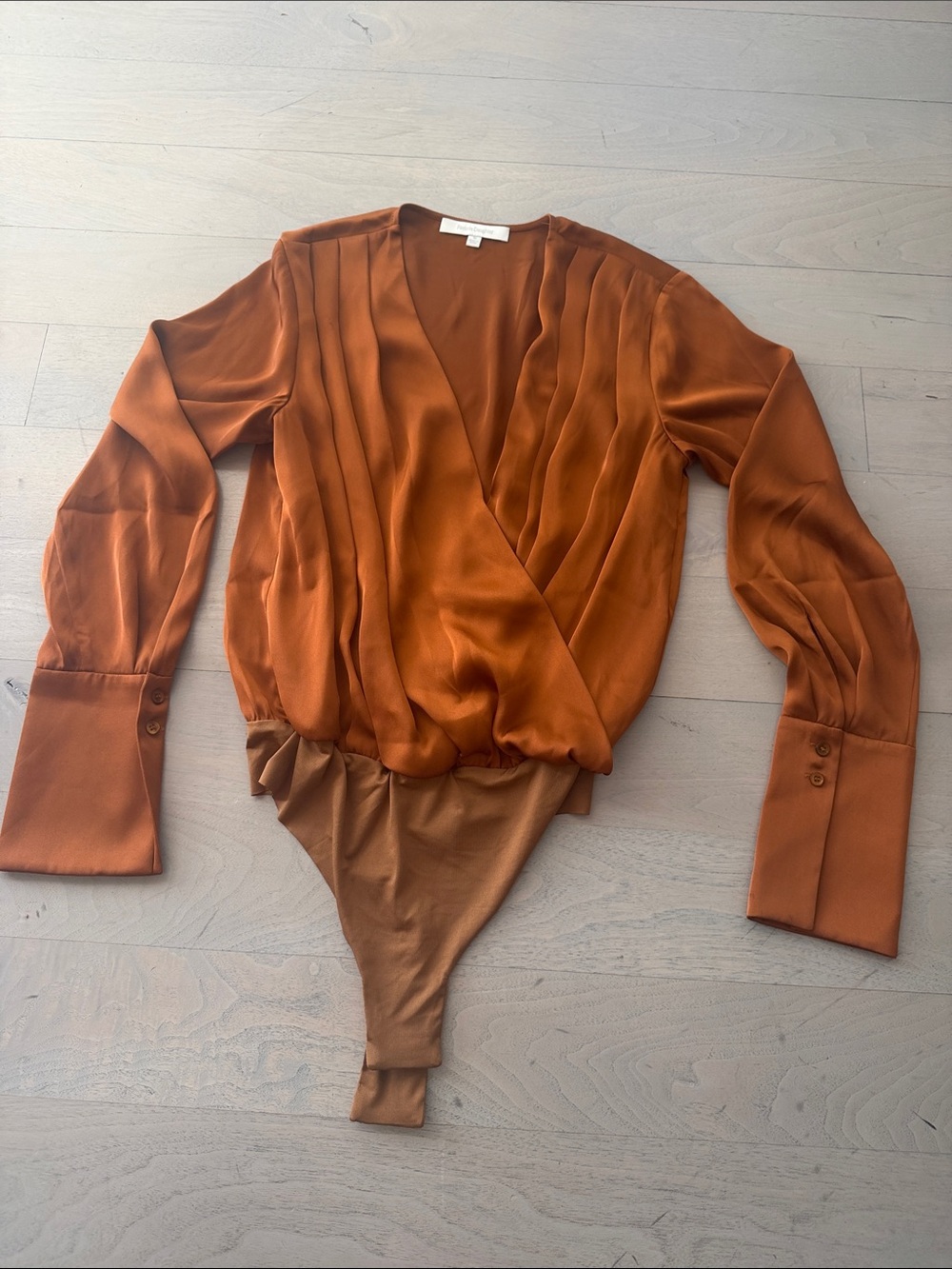 Rust Satin Wrap Pleased Silk Bodysuit Blouse